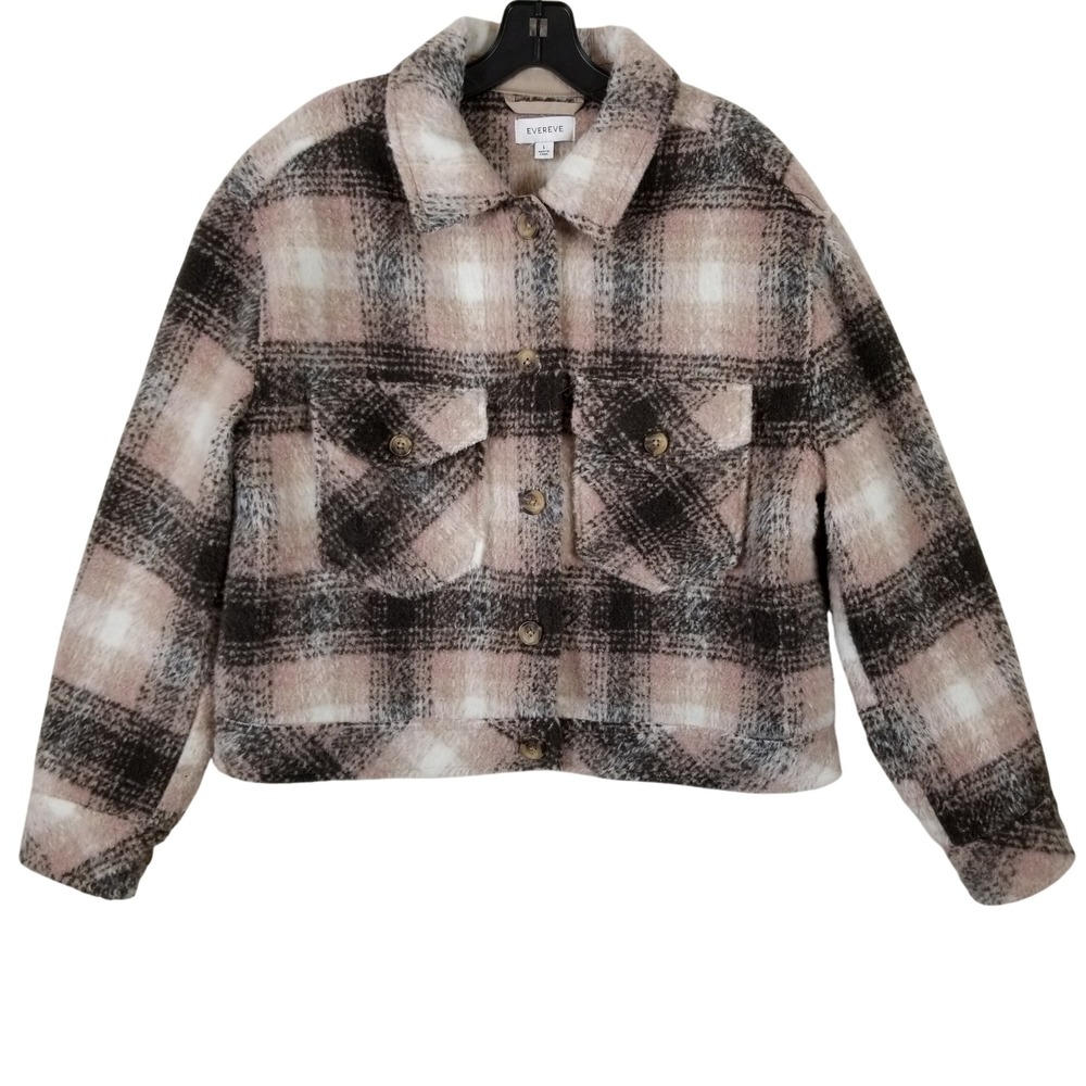 Evereve Women Pink Brown Plaid Cropped Shacket Button Front Jacket Large